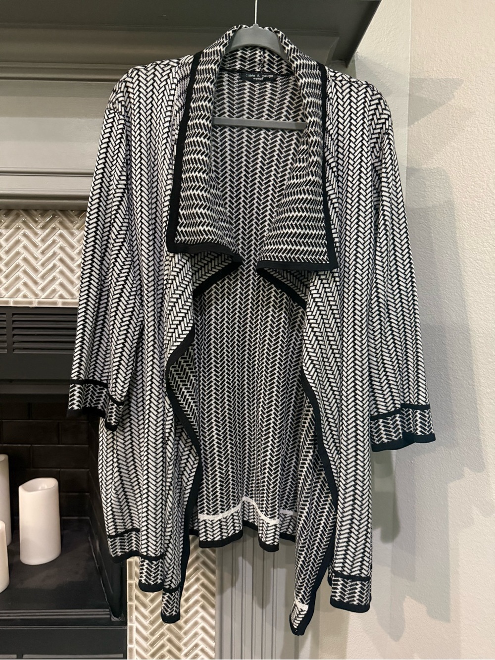 Cable & Gauge Black and White Open Front Herringbone Cardigan